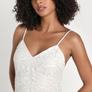 Charismatic Love White Floral Beaded Sequin Midi Dress